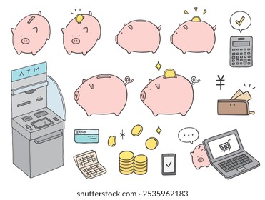 Hand-drawn illustration set related to pig piggy bank and money