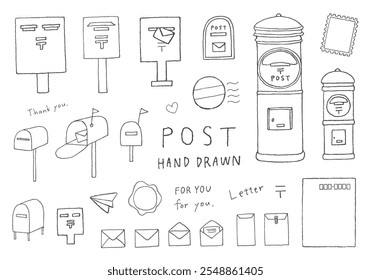 Hand-drawn illustration set related to postboxes and letters