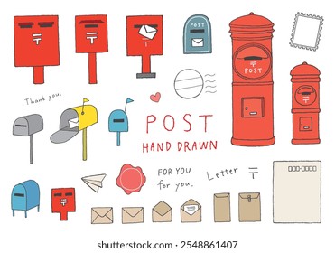 Hand-drawn illustration set related to postboxes and letters