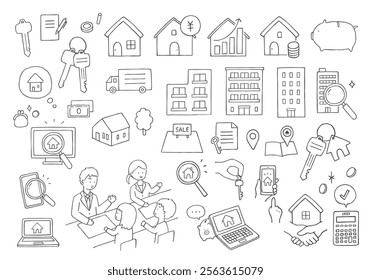 Hand-drawn illustration set related to real estate and room search