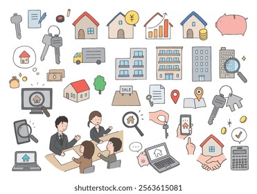Hand-drawn illustration set related to real estate and room search
