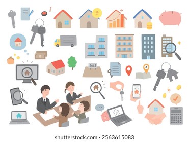 Hand-drawn illustration set related to real estate and room search