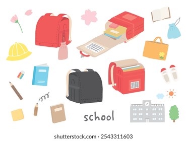 Hand-drawn illustration set related to school bags and school