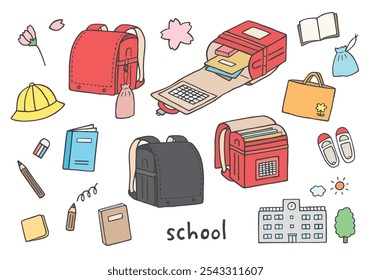 Conjunto de ilustración dibujado a mano relacionado con bolsos escolares y escuela