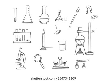 Conjunto de ilustrações desenhadas à mão relacionadas a experiências científicas