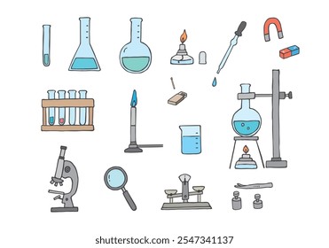 Conjunto de ilustrações desenhadas à mão relacionadas a experiências científicas