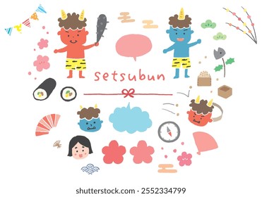 Conjunto de ilustración dibujado a mano relacionado con Setsubun