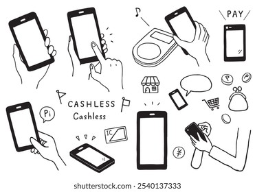 Hand-drawn illustration set related to smartphone payments