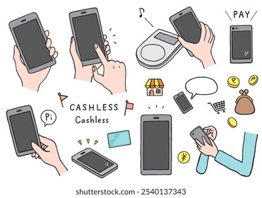 Conjunto de ilustrações desenhadas à mão relacionadas a pagamentos de smartphones