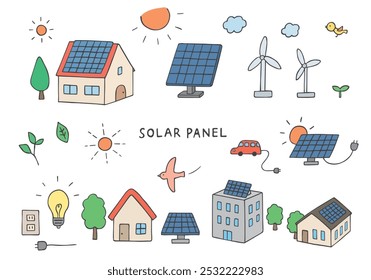 Hand-drawn illustration set related to solar power generation
