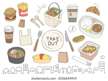 Conjunto de ilustrações desenhadas à mão relacionadas com alimentos para viagem