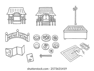 Hand-drawn illustration set related to temples