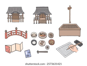 Hand-drawn illustration set related to temples