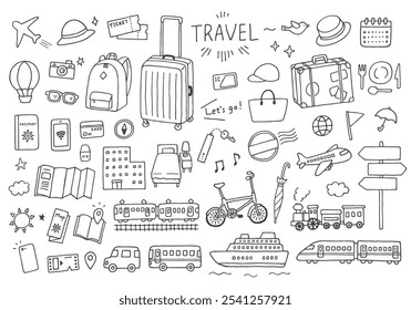 Hand-drawn illustration set related to travel