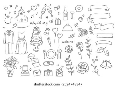 Hand-drawn illustration set related to weddings
