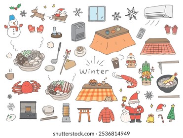 Hand-drawn illustration set related to winter