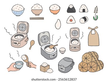 Hand-drawn illustration set of rice and rice cooker