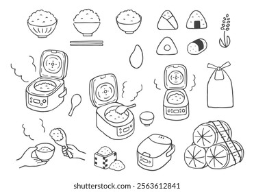 Hand-drawn illustration set of rice and rice cooker