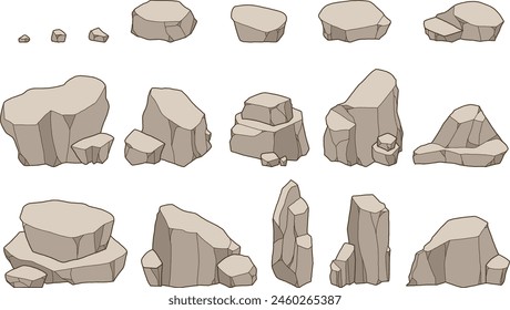 Hand-drawn illustration set of rocks of various shapes