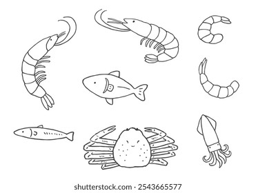 Handgezeichnete Illustration von Garnelen, Krabben, Fischen und Tintenfischen