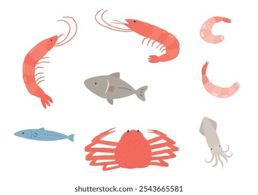 Handgezeichnete Illustration von Garnelen, Krabben, Fischen und Tintenfischen