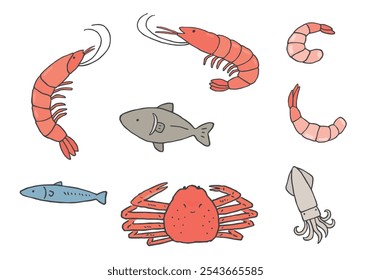 Hand-drawn illustration set of shrimp, crab, fish, and squid