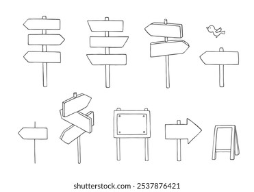 Conjunto de ilustrações desenhadas à mão de placas e painéis de informação