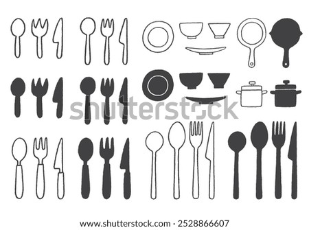 Hand-drawn illustration set of spoon, fork, knife, and tableware