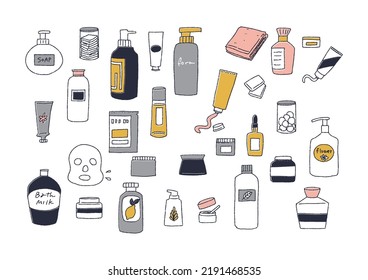 Hand-drawn illustration set of toiletries: bottles, creams, beauty supplies
