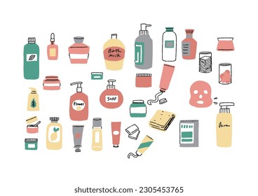 Hand-drawn illustration set of toiletries: bottles, creams, beauty supplies