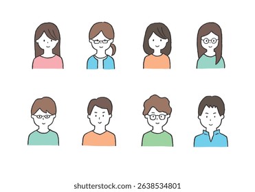 Hand-drawn illustration set of upper body of young men and women
