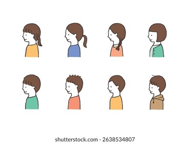 Hand-drawn illustration set of upper body of child looking to the side