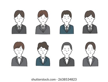 Hand-drawn illustration set of the upper body of a young man in a suit