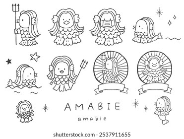 Hand-drawn illustration set of various Amabie