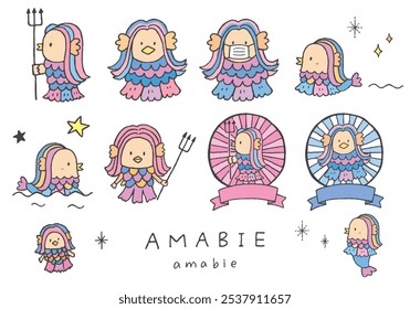 Hand-drawn illustration set of various Amabie