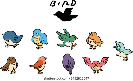 Hand-drawn illustration set of various birds