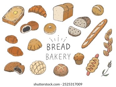 Hand-drawn illustration set of various breads