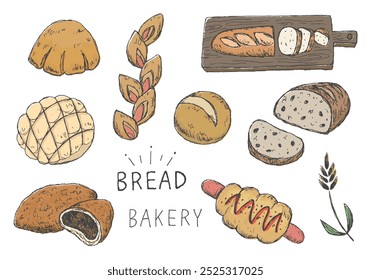 Conjunto de ilustração desenhado à mão de vários pães