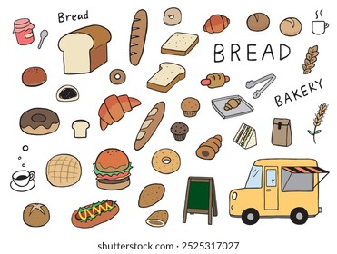 Hand-drawn illustration set of various breads