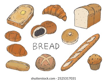 Hand-drawn illustration set of various breads