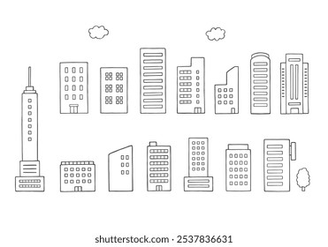 Conjunto de ilustración dibujado a mano de varios edificios