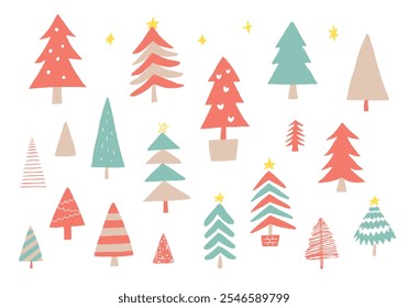 Hand-drawn illustration set of various Christmas trees