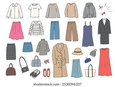Hand-drawn illustration set of various clothes and accessories