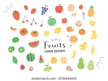 Hand-drawn illustration set of various fruits