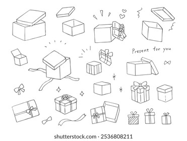 Conjunto de ilustrações desenhado à mão de várias caixas de presente
