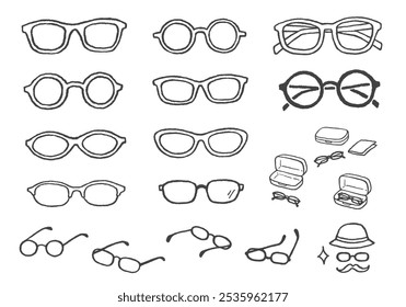 Hand-drawn illustration set of various glasses