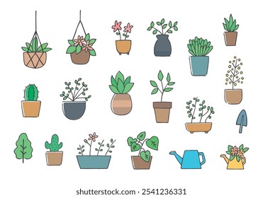 Hand-drawn illustration set of various houseplants