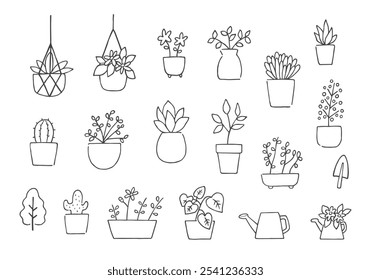 Hand-drawn illustration set of various houseplants