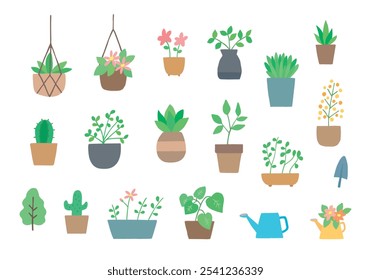 Hand-drawn illustration set of various houseplants