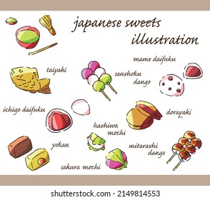 Handdrawn Illustration Set Various Japanese Sweets Stock Vector ...
